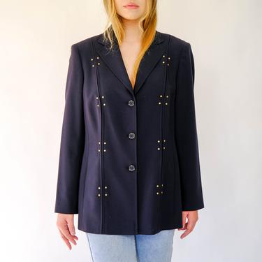 Vintage Mondi Navy Blue Triple Button Blazer w/ Brass Rivet Studs & Etched Logo Buttons | UNWORN DEADSTOCK NWT | 1990s 2000s Designer Jacket 