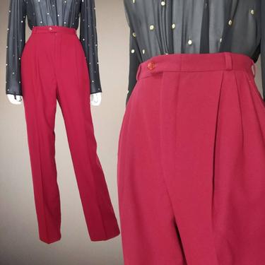 Vintage Red Wool Pants, Medium / High Rise Straight Leg Slacks / Pleated Dress Pants / Creased Leg Trousers / Office Cocktail Party Slacks 