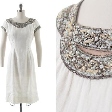 Vintage 1950s 1960s Sheath Dress | 50s 60s Beaded Rhinestone White Linen Wiggle Tea Day Dress (medium) 