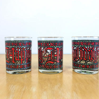 Vintage &amp;quot;Happy Holidays&amp;quot; Cocktail Glasses, Set of 3 Gold-Rimmed Old Fashioned Lowball Tumblers with Gothic Stained Glass Holiday Design 