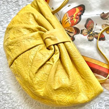 Bright Yellow New Wave Vintage 80s Leather Reptile Purse Cross Body Geometric 