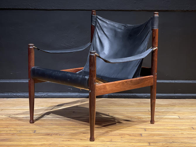 Black Leather Sling Chair By Eric Worts, Vintage Wooden Sling Chairs