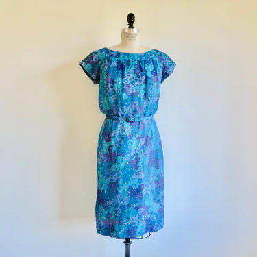 Vintage 1960's Blue Silk Chiffon Floral Print Sheath Dress Short Sleeves Back Bow Trim Fabric Belt Spring Garden Party 30&amp;quot; Waist Medium 
