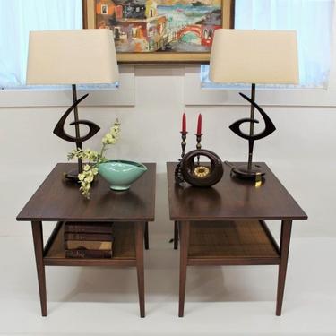Mid Century Modern wood and rattan end tables, side tables 