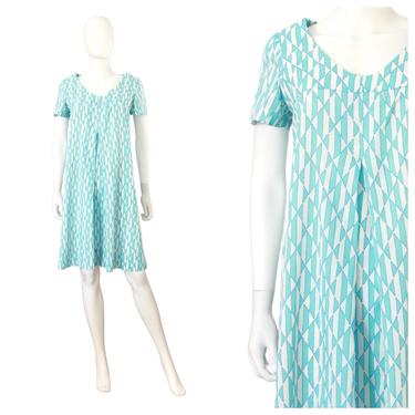 1960s Aqua Blue Geometric Shift Dress - Mod Shift Dress - 1960s Day Dress - Vintage Aqua Blue Dress - Geometric Print Dress | Size Medium 