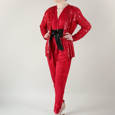 Vtg 80s Red Deep V Ruched Jumpsuit with Dolman Sleeves / Sexy Studio 54 Disco Romper / M - L 