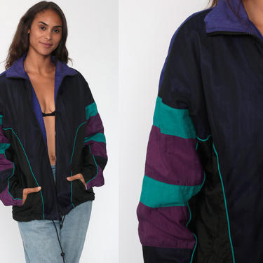90s Windbreaker Jacket Black Purple Jacket Color Block Jacket Streetwear Vintage 1990s Small Medium 