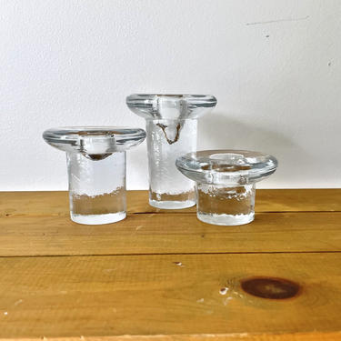 Set of Three Blenko Ice Glass Mushroom Candleholders 
