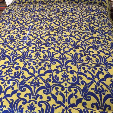 Vintage Regency cotton woven coverlet bedspread royal blue olive green Fleur de lis TWIN 