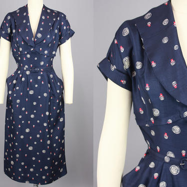 1950s Printed Day Dress | Vintage 50s Navy Blue Silk Dress with Belt | small 