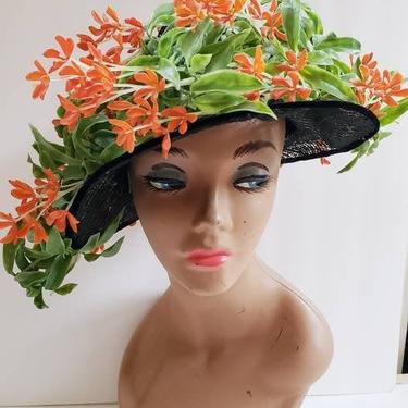 1950s Bes-Ben Hat Oversized Orange Flowers Green Leaves / 50s Designer Platter Hat Plastic Sculpted Garden Floral Fantasy 