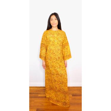 Indian Saffron Dress // vintage boho cotton sun maxi hippie hippy yellow 70s 1970s gold caftan kaftan // S/M 