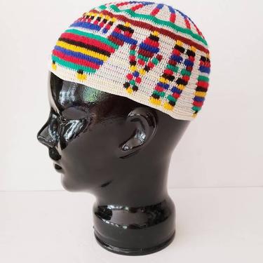 Vintage Berber Knit Beanie Hat Skull Cap / Multicolored North African Moroccan Stretch Hat / Ethnic Colorful / Bantu 