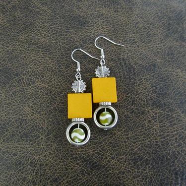 Wooden earrings, small agate earrings, ethnic dangle earrings, mid century modern earrings, antique silver earrings, unique earrings, yellow 