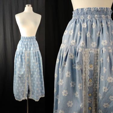 Vintage Seventies Chambray Daisy Print High Waist Skirt - 70s Medium Floral Denim Midi Button Front Skirt 