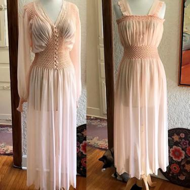 Exquisite Vintage 1940's Silk Peignoir Set  Hollywood Glamor Lingerie Gown and Robe Size Small 
