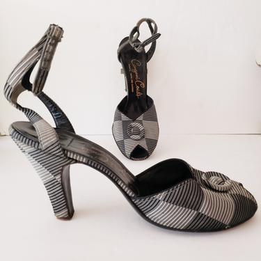 Vintage 1940s Novelty Print Shoes Sandals Black White Striped High Heel Mary Janes Peep Toe Size 8 / Carlotta 