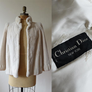 Vintage 60s DIOR White Fur Coat/ 1960s Rex Rabbit Cropped Jacket/ Silk Embroidered Lining/ Christian Dior Garfinckels/ Medium 