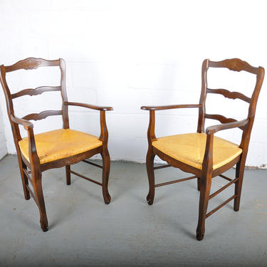 Vintage Pair of French Provincial Maple Armchairs W/ Rush Seats 