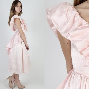 80s Gunne Sax Pink Prom Dress / Vintage Jessica McClintock Wedding Dress / Shiny Floral Full Bustle Skirt Retro Gown 