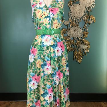 1980s rayon dress, floral summer dress, vintage 80s dress, full skirt, r j Stevens, 80s does 40s, green tropical print, pockets, size large 