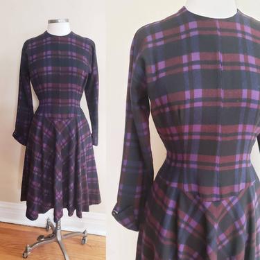 1950s Purple Plaid Wool Long Sleeved Dress Anne Fogarty / 50s Designer Day Dress Midi Length with Pockets / M / Marion 