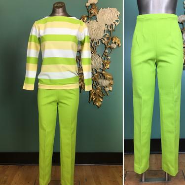 1960s 2 piece, pants and top, vintage 60s outfit, lime green polyester, striped shirt, cigarette pants, miss pat, small, 1960s ensemble, 25 