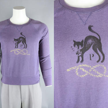 1940s-style CAT STENCIL Sweatshirt | 40s inspired PURPLE Pullover with Kitty &amp; Knot Emblem | small / medium 