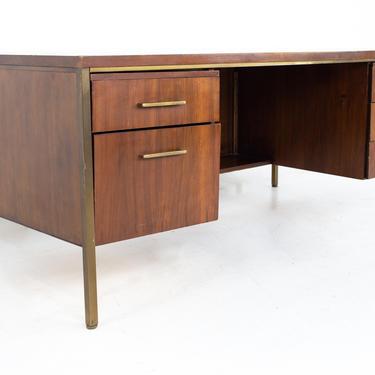 Jens Risom Style Mid Century Brass and Walnut Executive Desk - mcm 