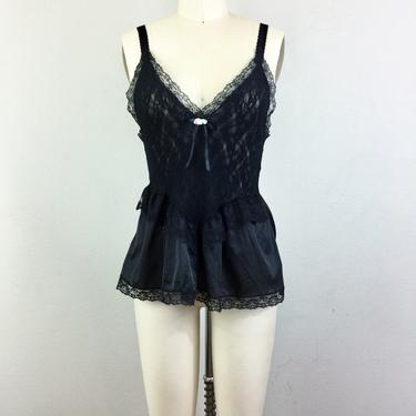 Vintage 80s Black Stretch Lace Camisole Nightie Peplum Top S/M 