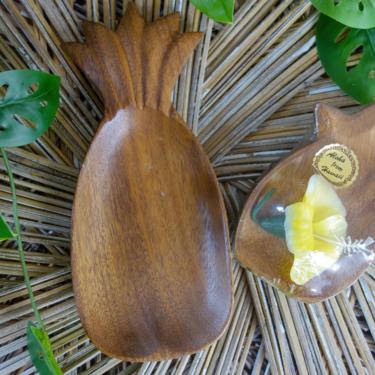 Vintage set of 5 Monkey Pod wood bowl and side dish, small pineapple shaped appetizer plate, tropical Hawaiian tiki bar eclectic beach decor 