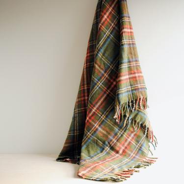 Vintage Green Plaid Wool Blanket, Fall Blanket, Scottish Wool Throw Blanket, Tartan Plaid Blanket with Fringe 