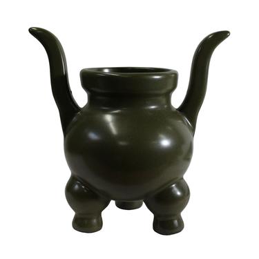 Chinese Handmade Dark Olive Army Green Ceramic Accent Ding Holder ws326E 