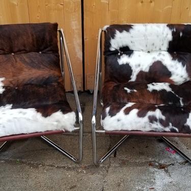 Vintage Mid Century Italian Modern Set of Chrome Tubular Framed Brazilian Cow-Hide Upholstered Scoop Sling Chairs