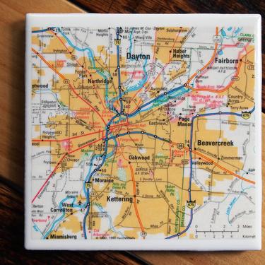 1990 Dayton Ohio Handmade Repurposed Vintage Map Coaster - Ceramic Tile - From 1990s State Farm Atlas - Vintage Ohio Decor - Wright State 