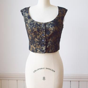 Vintage 1990s Kenzo Metallic and Flocked Bodice | M | 90s Gold And Black Floral Fitted Vest | Top 
