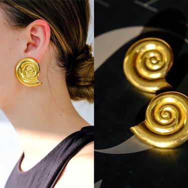 Vintage 80s Anne Klein Signed Oversized Jumbo Shell Pierced Earrings | Statement Piece, Stud Post Earrings | 1980s Designer Earrings 