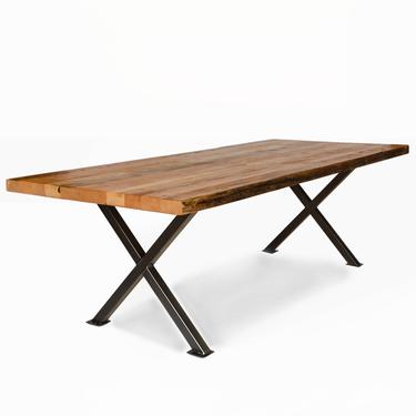 Rustic Wood Office Table made with reclaimed wood and steel X shaped base.  Choose size, height, wood thickness and finish. 