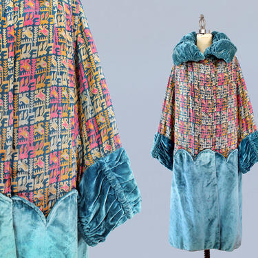 1920s Coat / 20s REVERSIBLE Abstract Metallic Lam Opera Coat / Blue Velvet / Flapper/ Opera Coat 