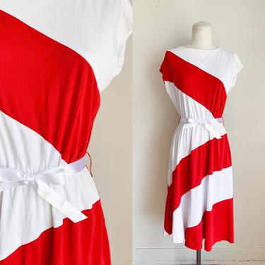 Vintage 1970s Red &amp; White Color Block Dress / M 
