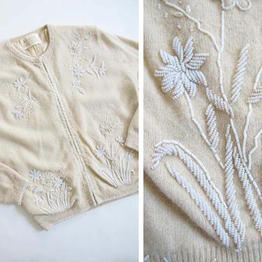 Vintage 50s Beaded Cardigan S - 1950s Off White Lambswool Floral Beaded Rockabilly Cardigan - Neutral Light Tan -  Kawaii Sweater 