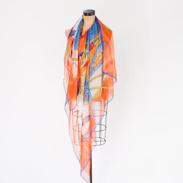 1980s Colorful Orange Print Chiffon Scarf | 80s Orange Silk Feel Polyester Sheer Scarf 
