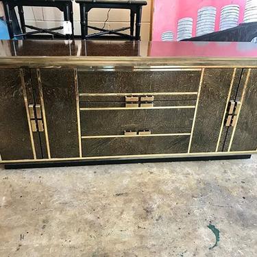 Mid Century burl wood and brass accented credenza by Romweber made in the USA. 71L x 31 H x 17.5 D 