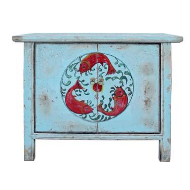 Chinese Distressed Light Pale Blue Fishes Graphic Table Cabinet cs3970E 