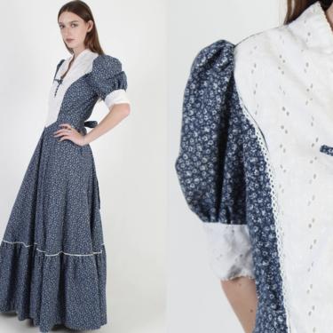 Vintage 70s Pilgrim Folk Dress / White Bouquet Floral Calico Prairie Maxi / Womens Western Eyelet Country Long Full Skirt Dress 