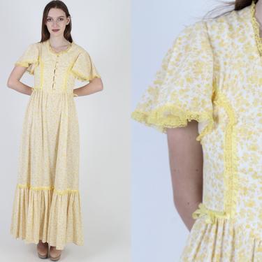 Vintage 80s Daffodil Floral Dress / Womens Americana CottageCore Dress / Yellow Folk Style Flutter Sleeve Homespun Maxi Dress 