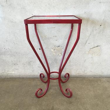 1960's Red Metal Side Table / Plant Stand with Glass Top
