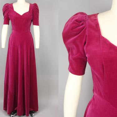 1940s Magenta Velvet Gown · Vintage 40s Puff Shoulder Evening Dress · Small 