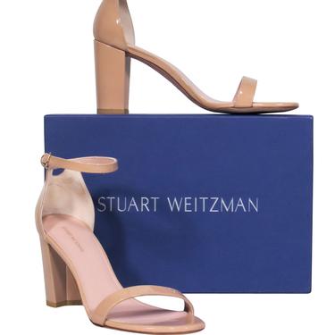 Stuart Weitzman - Nude Patent Leather Strappy Block Heel "Nearly Nude" Pumps Sz 9