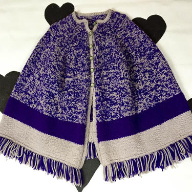 70's purple knit sweater cape 1970's fringe cardigan poncho sweater coat / jacket / chunky knit / warm / mod / hippie /cozy / fuzzy / M L 